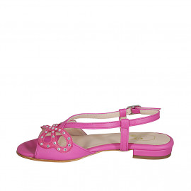 Sandalia con estras para mujer en piel y gamuza fucsia tacon 1 - Tallas disponibles:  33 2