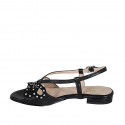 Woman's sandal with rhinestones in black leather and suede heel 1 - Available sizes:  33, 34, 42, 43, 45