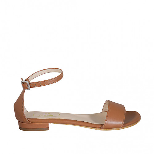 Chaussure ouverte pour femmes avec courroie en cuir cognac talon 1 - Pointures disponibles:  32, 33, 42, 43, 44, 45