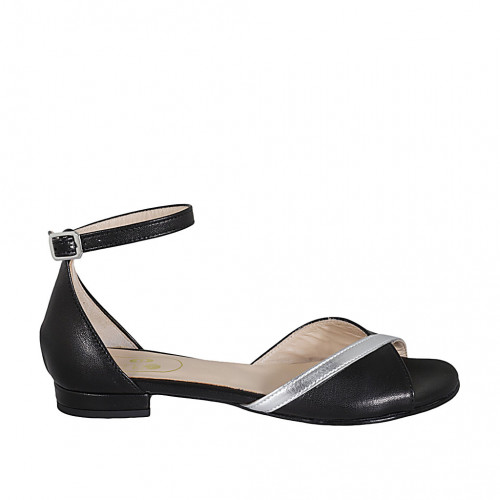 Woman's open shoe with strap in black leather and silver laminated leather heel 1 - Available sizes:  32, 34, 42, 43