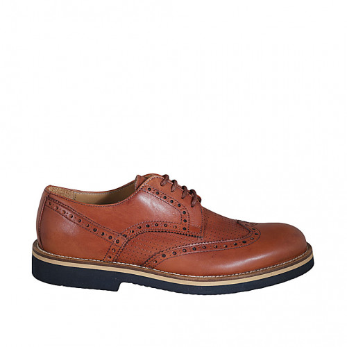 Chaussure derby à lacets et bout golf pour hommes en cuir et cuir perforé cognac - Pointures disponibles:  46