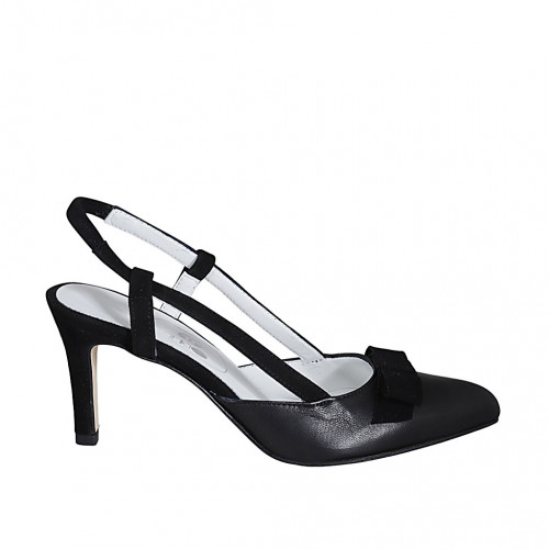 Woman's slingback pump in black suede and leather with elastic band and bow heel 7 - Available sizes:  32, 42, 43