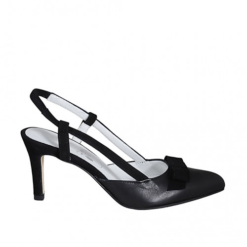 Zapato destalonado para mujer en gamuza y piel negra con elástico y moño tacon 7 - Tallas disponibles:  32, 33, 42, 43