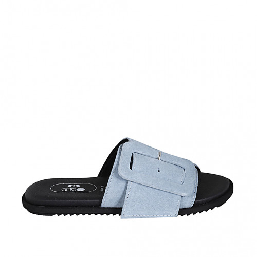 Woman's mules in light blue suede with buckle wedge heel 1 - Available sizes:  32, 33