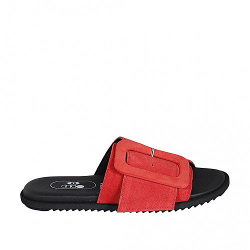 Woman's mules in red suede with buckle wedge heel 1 - Available sizes:  32, 33