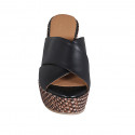 Woman's mules in black leather with platform and braided wedge heel 9 - Available sizes:  42, 43