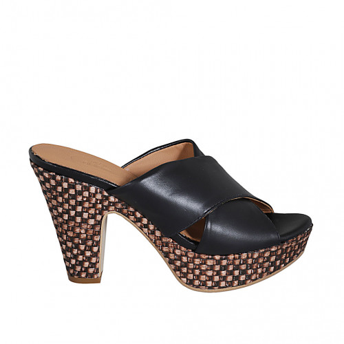 Woman's mules in black leather with platform and braided heel 9 - Available sizes:  31, 32, 42, 43