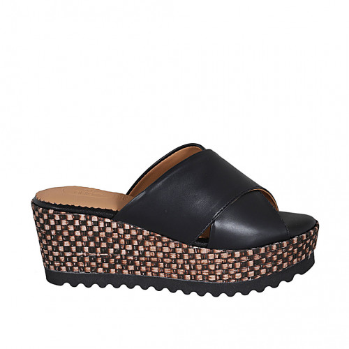 Woman's mules in black leather with platform and braided wedge heel 7 - Available sizes:  42, 43