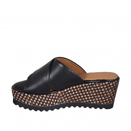 Woman's mules in black leather with platform and braided wedge heel 7 - Available sizes:  42 2