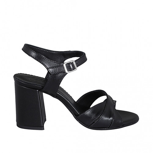 Sandale avec courroie pour femmes en cuir noir talon 7 - Pointures disponibles:  31, 32, 33, 34, 42, 43, 44, 46