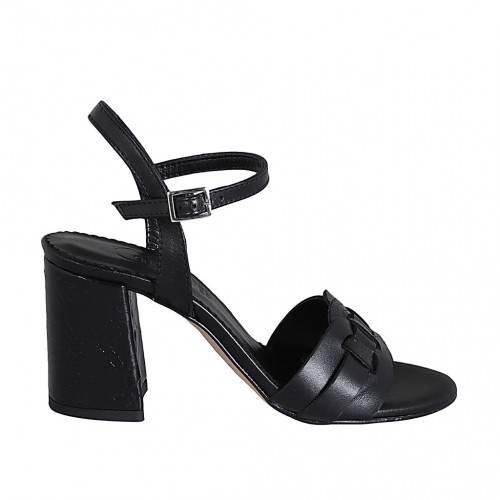 Woman's sandal with strap in black leather and printed leather heel 7 - Available sizes:  31, 32, 34, 43, 44, 45