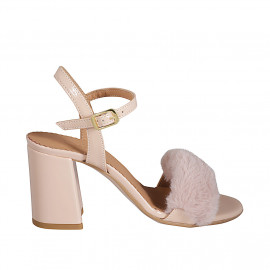 Sandalia para mujer en charol desnudo y pelo ecológico con cinturon tacon 7 - Tallas disponibles:  31, 34, 42, 43, 44, 45, 46