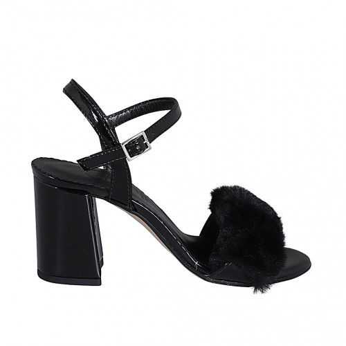 Sandalia para mujer en charol negro y pelo ecológico con cinturon tacon 7 - Tallas disponibles:  31, 33, 34, 42, 43, 44, 45