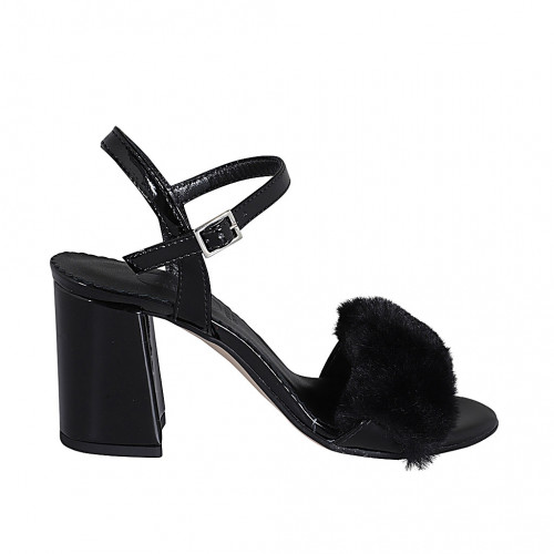Sandalia para mujer en charol negro y pelo ecológico con cinturon tacon 7 - Tallas disponibles:  34, 42, 43, 44