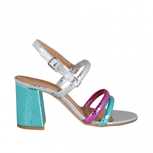 Woman's sandal in turquoise, silver and pink laminated printed leather heel 7 - Available sizes:  43