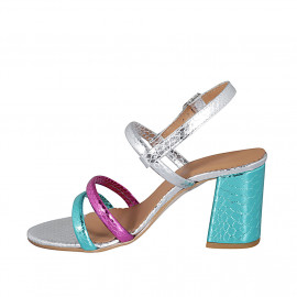 Woman's sandal in turquoise, silver and pink laminated printed leather heel 7 - Available sizes:  43 2