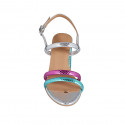 Sandalia para mujer en piel imprimida laminada plateada, fucsia y turquesa tacon 7 - Tallas disponibles:  43
