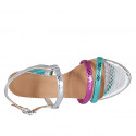 Woman's sandal in turquoise, silver and pink laminated printed leather heel 7 - Available sizes:  43