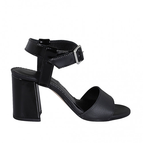 Woman's ankle strap sandal in black leather and patent leather heel 7 - Available sizes:  32, 33, 34, 42, 43, 44, 45