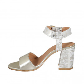 Woman's ankle strap sandal in platinum leather and camouflage printed leather heel 7 - Available sizes:  42, 43, 45 2