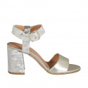 Woman's ankle strap sandal in platinum leather and camouflage printed leather heel 7 - Available sizes:  31, 33, 42, 43, 45, 46