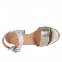 Woman's ankle strap sandal in platinum leather and camouflage printed leather heel 7 - Available sizes:  31, 33, 42, 43, 45, 46