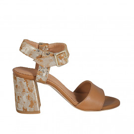 Sandale pour femmes avec courroie à la cheville en cuir cognac et cuir imprimé camouflage platine talon 7 - Pointures disponibles: 34, 42, 43, 44, 45