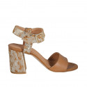 Woman's ankle strap sandal in cognac brown leather and platinum camouflage printed leather heel 7 - Available sizes:  32, 34, 42, 43, 44, 45