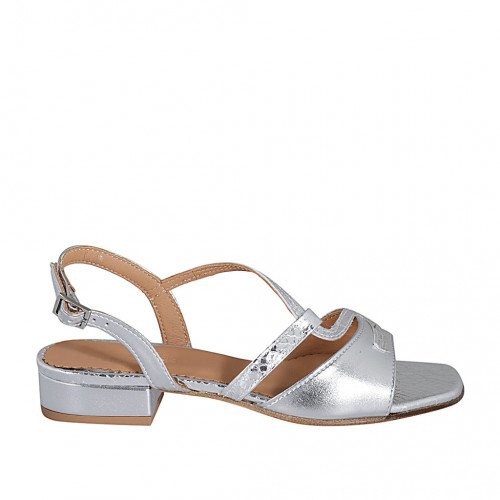 Woman's sandal in silver laminated and printed leather heel 2 - Available sizes:  32, 33, 34, 42