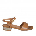 Woman's sandal in cognac brown leather with strap and coated heel 2 - Available sizes:  32, 42, 43