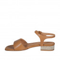 Woman's sandal in cognac brown leather with strap and coated heel 2 - Available sizes:  32, 42, 43