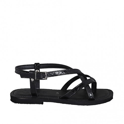 Woman's thong sandal in black printed patent leather with strap heel 1 - Available sizes:  32, 33, 42, 43