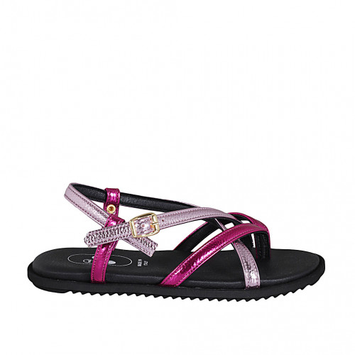 Sandale entredoigt pour femmes en cuir lamé rose et fucsia avec courroie talon compensé 1 - Pointures disponibles:  32, 33, 42, 43