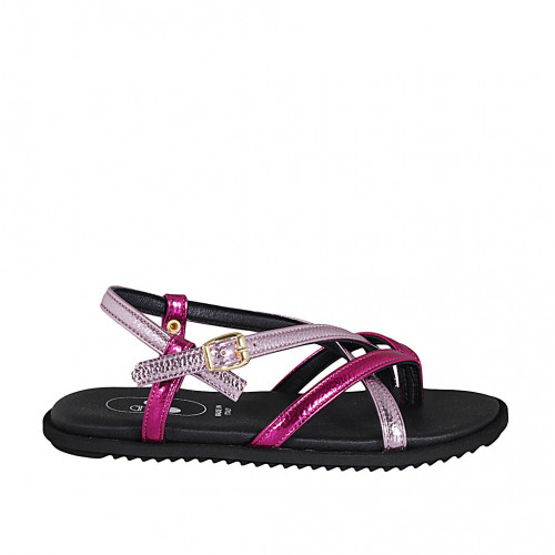 Woman's thong sandal in rose and pink laminated leather with strap wedge heel 1 - Available sizes:  32, 33, 42, 43