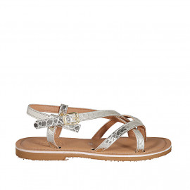 Woman's thong sandal in platinum laminated printed patent leather with strap heel 1 - Available sizes:  32, 42