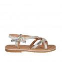 Woman's thong sandal in platinum laminated printed patent leather with strap heel 1 - Available sizes:  32, 42, 43