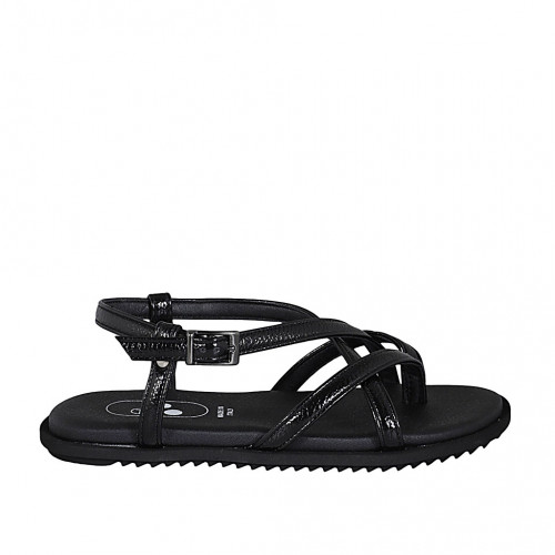 Woman's thong sandal in black patent leather with strap wedge heel 1 - Available sizes:  32, 42, 43