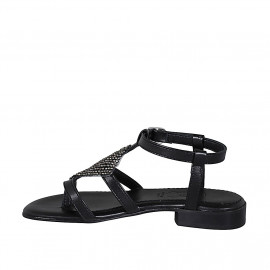 Sandalia de dedo en piel negra con estrás y cinturon para mujer tacon 2 - Tallas disponibles:  32, 33, 42, 43 2