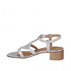 Sandalo infradito da donna in vernice stampata laminata argento con strass e cinturino tacco 4 - Misure disponibili: 42, 45, 46 2