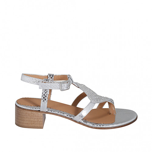 Woman's thong sandal in silver printed laminated patent leather with rhinestones and strap heel 4 - Available sizes:  42, 43, 44, 45, 46