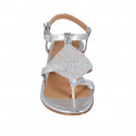 Woman's thong sandal in silver printed laminated patent leather with rhinestones and strap heel 4 - Available sizes:  42, 43, 44, 45, 46