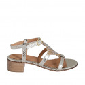 Woman's sandal in platinum printed laminated patent leather with rhinestones and strap heel 4 - Available sizes:  43, 45