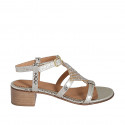 Woman's sandal in platinum printed laminated patent leather with rhinestones and strap heel 4 - Available sizes:  43, 45