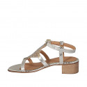 Woman's sandal in platinum printed laminated patent leather with rhinestones and strap heel 4 - Available sizes:  43, 45