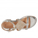 Woman's sandal in platinum printed laminated patent leather with rhinestones and strap heel 4 - Available sizes:  43, 45