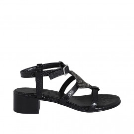 Sandale pour femmes en cuir verni imprimé noir avec strass et courroie talon 4 - Pointures disponibles: 33, 42, 43, 44, 45