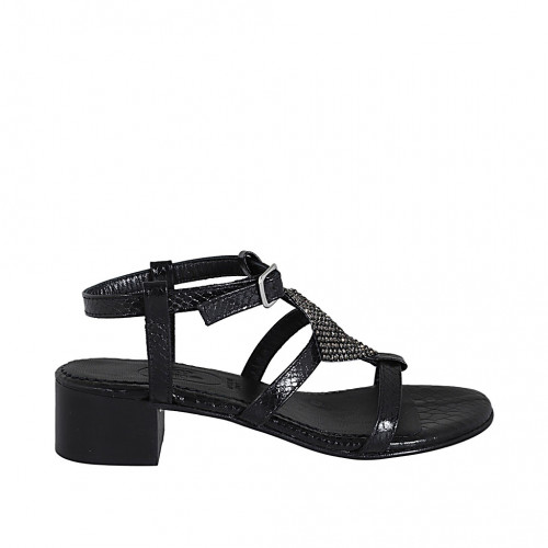 Sandalia en charol imprimido negro con estrás y cinturon para mujer tacon 4 - Tallas disponibles:  33, 42, 43, 44, 45, 46