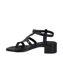 Sandale pour femmes en cuir verni imprimé noir avec strass et courroie talon 4 - Pointures disponibles:  42, 43, 44 2