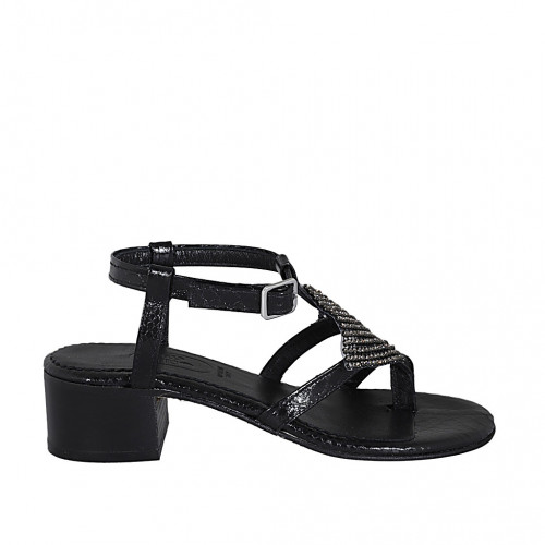 Sandale entredoigt pour femmes en cuir imprimé noir avec strass et courroie talon 4 - Pointures disponibles:  33, 34, 42, 43, 44, 46