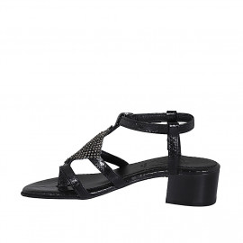 Sandalo infradito da donna in pelle stampata nera con strass e cinturino tacco 4 - Misure disponibili: 42, 43 2